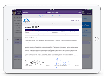 electronically signing a patient consent form for unplanned procedure in EMA for orthopedics