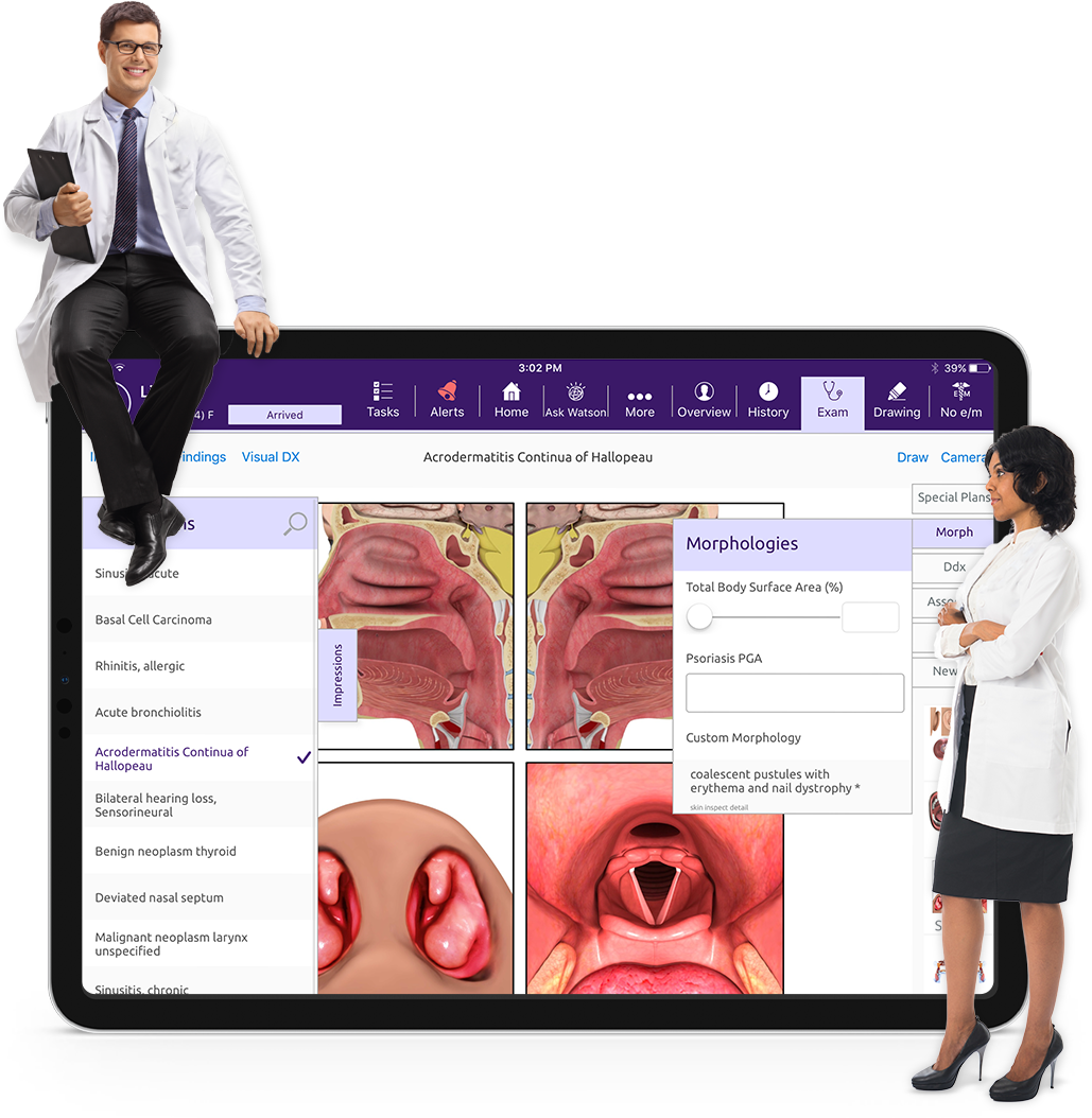 ENT-specific EHR ipad with a guy sitting on top left and a female on the right side