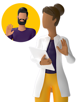 Physician and patient waving to each other