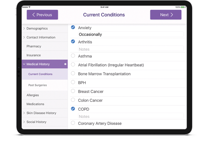 selecting current conditions in ModMed Kiosk on ipad