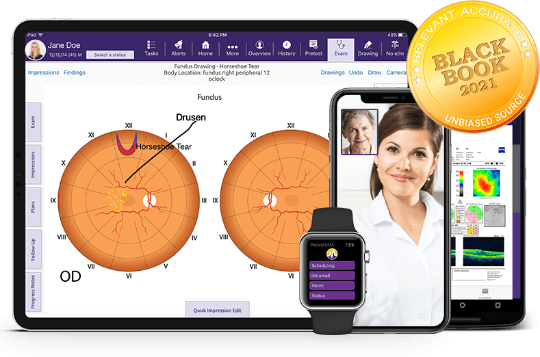 ModMed Ophthalmology software suite on iPad, iPhone, Android phone, and Apple Watch with Black Book seal