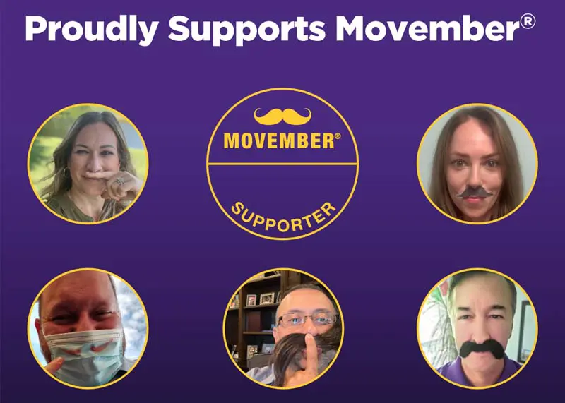 Proudly Supports Movember + Movember supporter badge and faces with mustaches