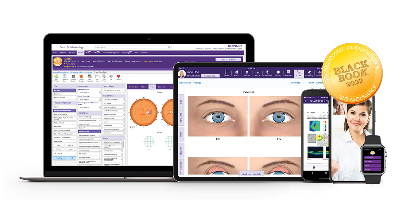 ModMed Ophthalmology as seen through a browser, an iPad, smartphones, and an Apple Watch
