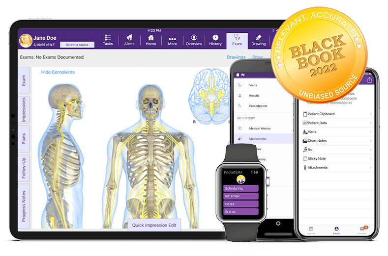 ModMed Pain Management software suite on iPad, iPhone, Android phone, and Apple Watch