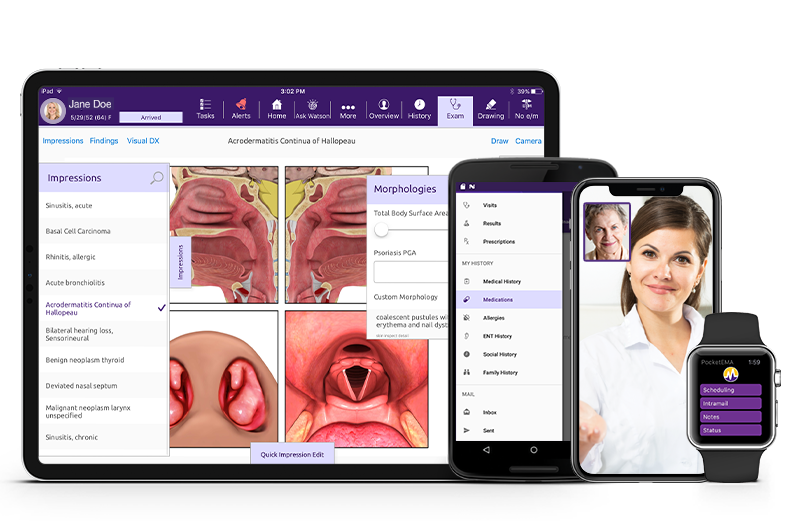 ModMed Otolaryngology software suite on iPad, iPhone, Android phone, and Apple Watch