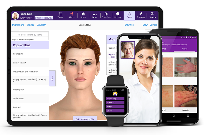 ModMed Dermatology software suite on iPad, iPhone, Android phone, and Apple Watch