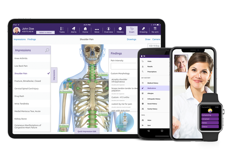 ModMed Orthopedics software suite on iPad, iPhone, Android phone, and Apple Watch