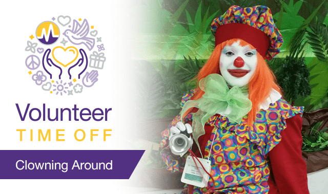 Modernizing Medicine employee dressed as a clown for volunteer time off day
