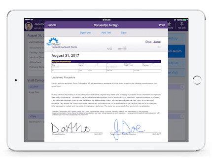 electronically signing a patient consent form for unplanned procedure in EMA for orthopedics