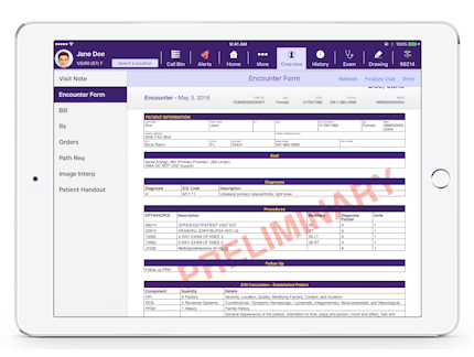 encounter form populated with ICD-10 and CPT codes and modifiers