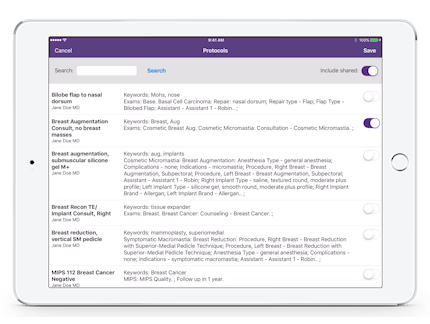 selecting from available plastic surgery Protocols in EMA on iPad