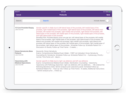 selecting from available Protocols in EMA for urology on iPad selecting from available Protocols in EMA for urology on iPad