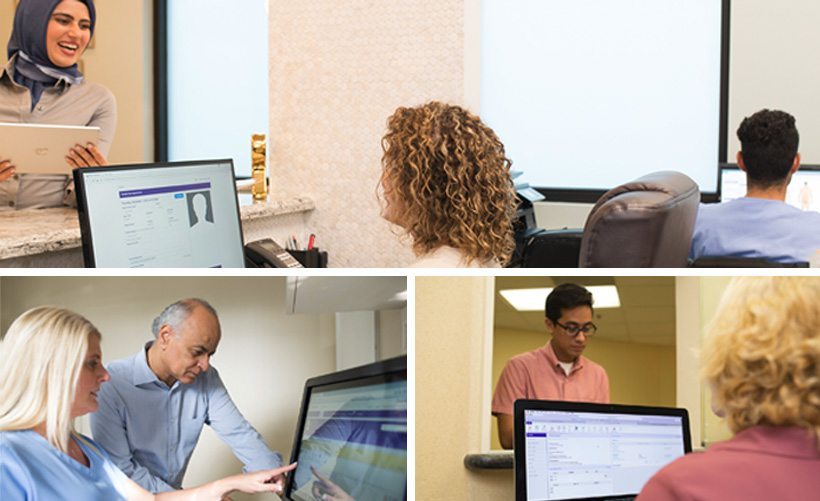 office staff using practice management and interacting with patients