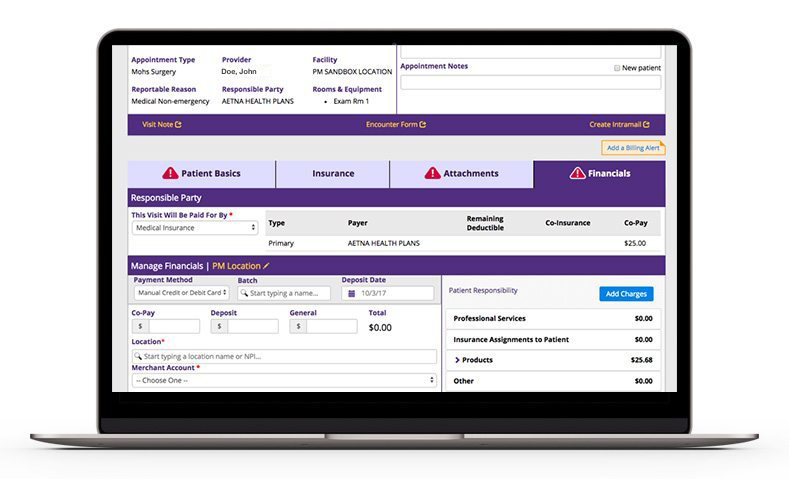 Financials tab showing financial responsibility and copay