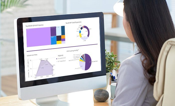 female staff member looking at charts and graphs in analytics on desktop computer