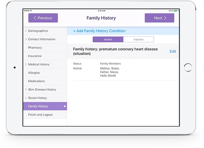filling out family history in modmed Kiosk on iPad filling out family history in modmed Kiosk on iPad