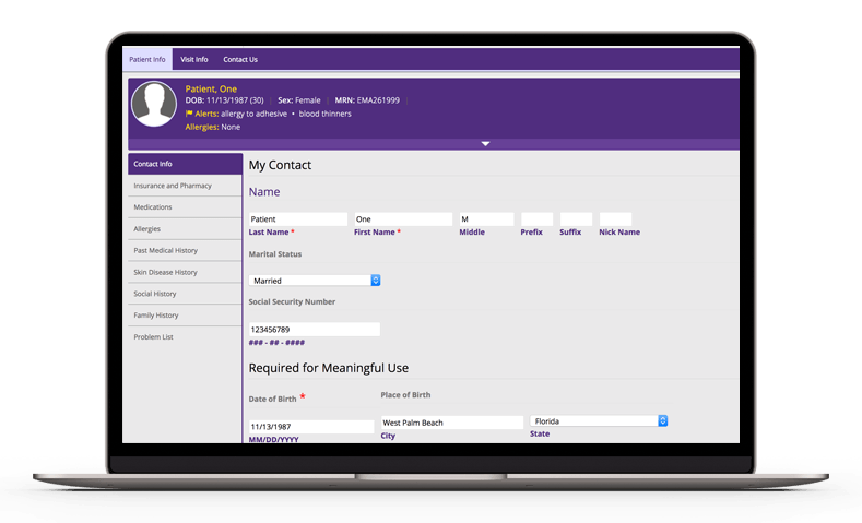 patient portal in laptop showing contact info