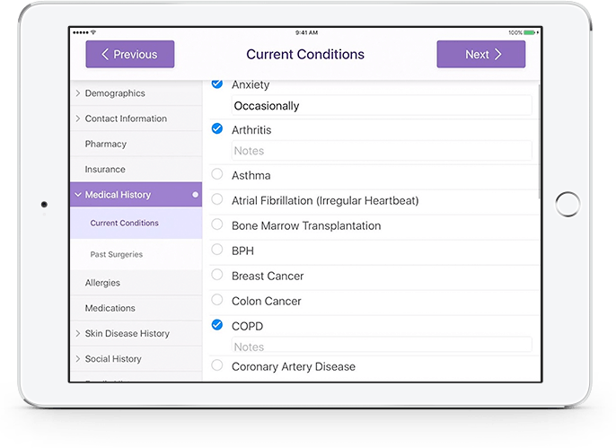 selecting current conditions in modmed Kiosk on ipad