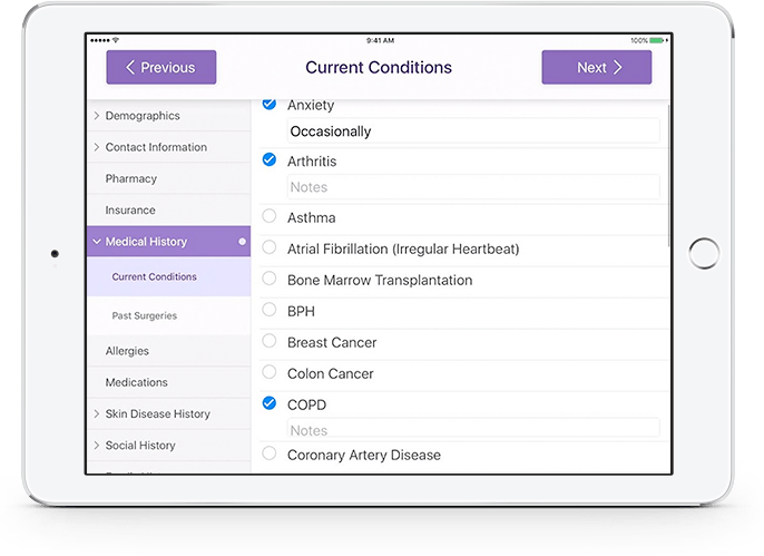 selecting current conditions in modmed Kiosk on ipad selecting current conditions in modmed Kiosk on ipad