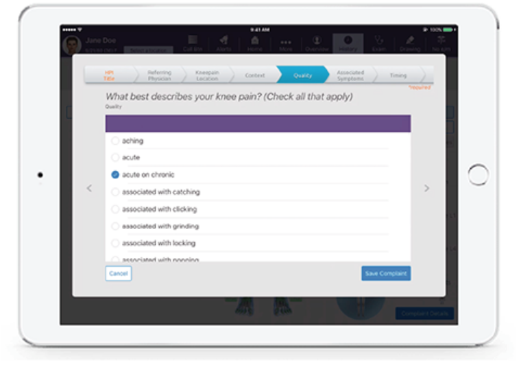 describing knee pain in HPI quality screen in EMA EMR