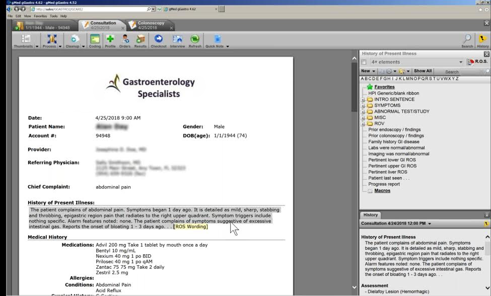 Documenting HPI in gastroenterology software