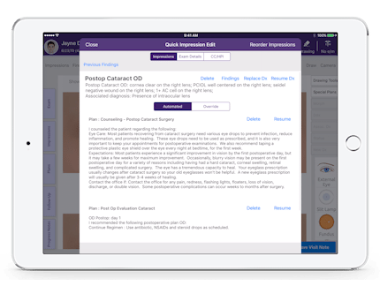 a picture of post op cataract OD notes in EMA EHR software for ophthalmologists