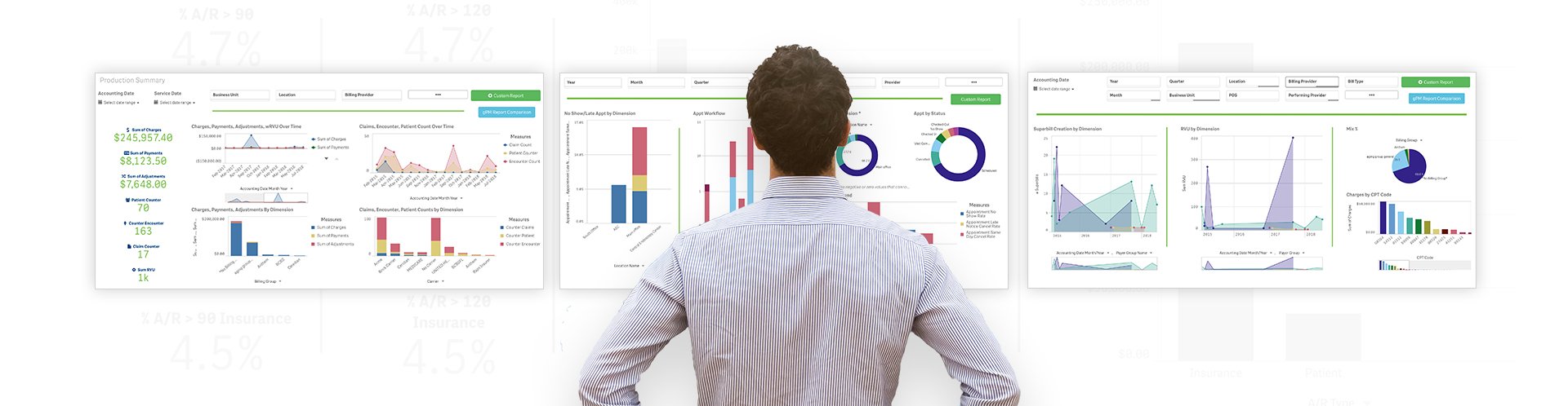 man standing with hands on hips in front of and looking at charts and graphs