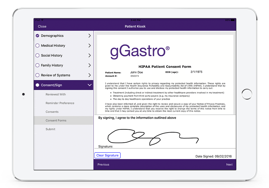 iPad patient kiosk with HIPAA patient consent form