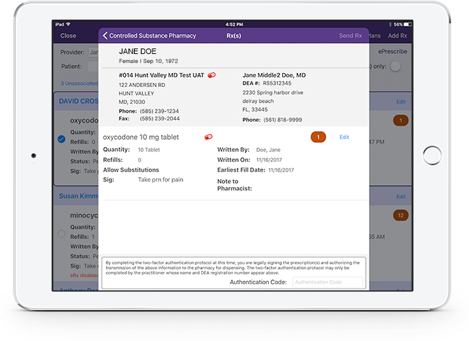 ePrescription for narcotic in EMA on iPad