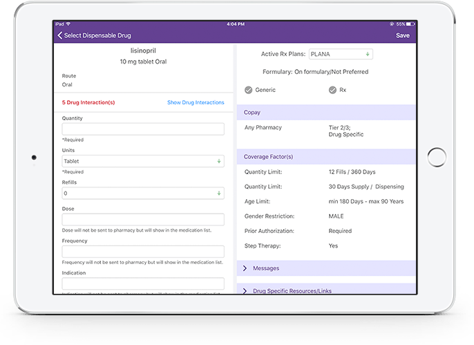 Formulary checks in EMA on iPad showing plan, drug tier, coverage factors and more Formulary checks in EMA on iPad showing plan, drug tier, coverage factors and more