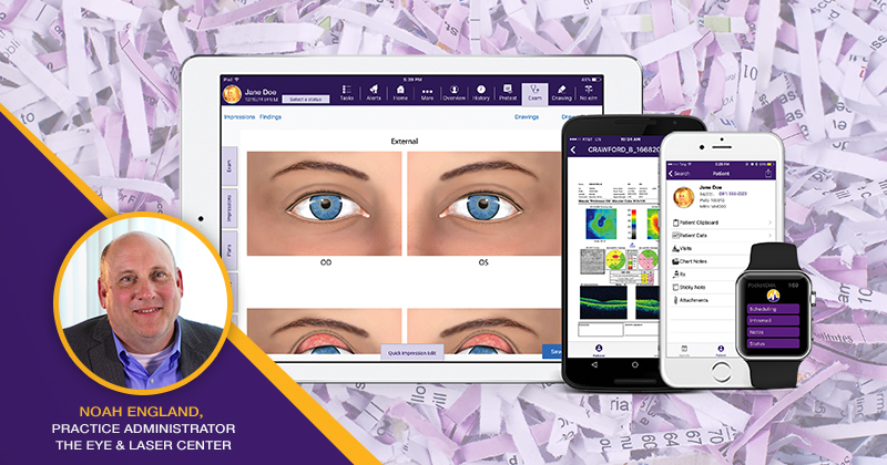 ophthalmology ehr with shredded paper in the background and Noah England's headshot