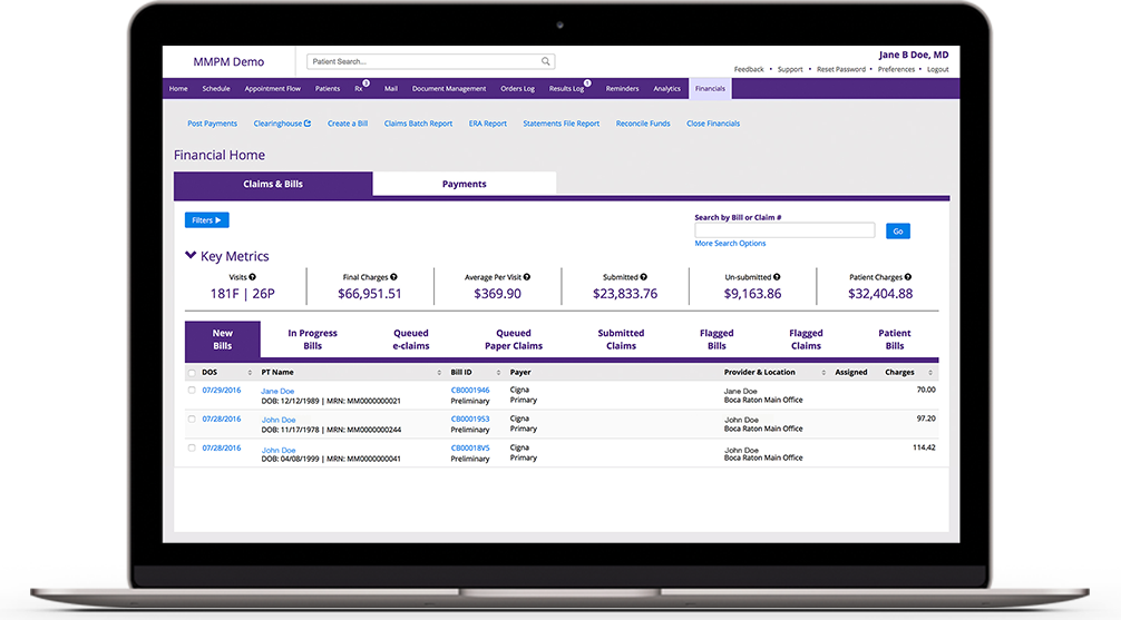 Financial home screen in PM showing key metrics, bills, claims and payments Financial home screen in Practice Management showing key Ophthalmology PM metrics, bills, claims and payments