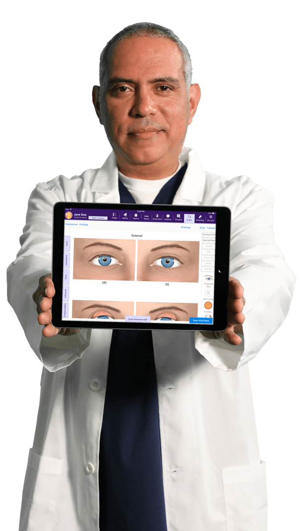 A doctor holding an iPad that's running EMA, an ophthalmology EHR software by modmed