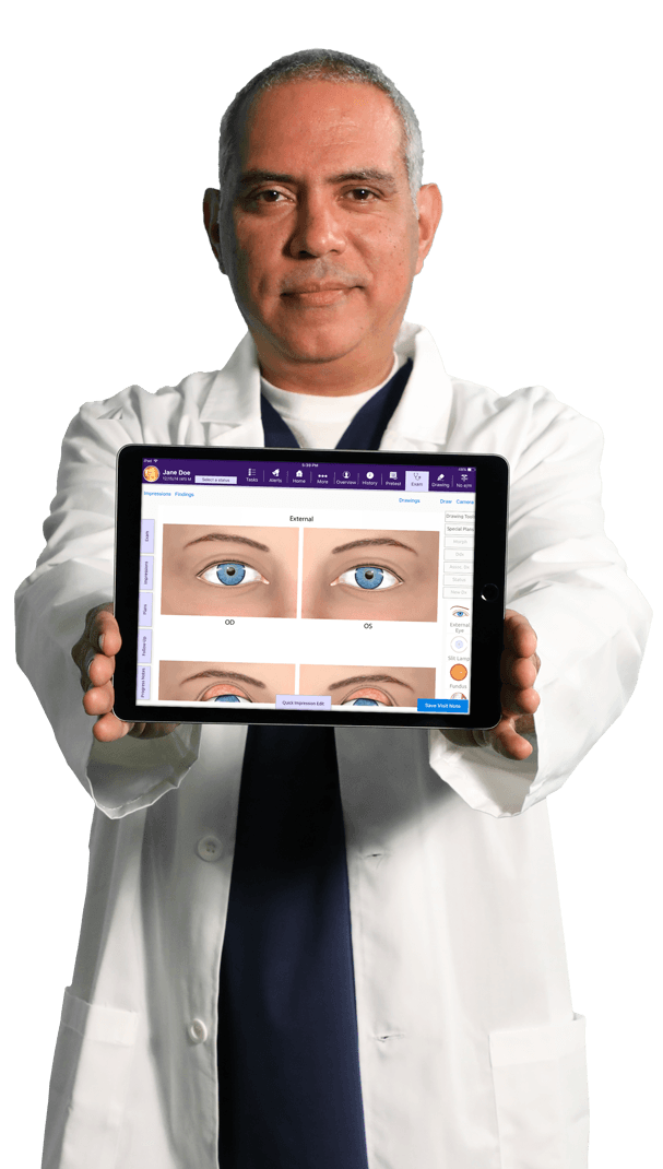 A doctor holding an iPad that's running EMA, an ophthalmology EHR software by modmed A doctor holding an iPad that's running EMA, an ophthalmology EHR software by modmed