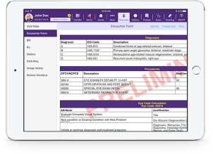 a picture of ICD-10 and CPT codes on an iPad in EMA, an ophthalmology EHR software from Modernizing Medicine a picture of ICD-10 and CPT codes on an iPad in EMA, an ophthalmology EHR software from Modernizing Medicine