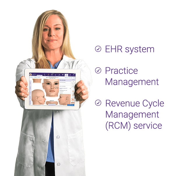 female doctor holding up ipad with EHR system, practice management and revenue cycle management (RCM) service female doctor holding up ipad with EHR system, practice management and revenue cycle management (RCM) service