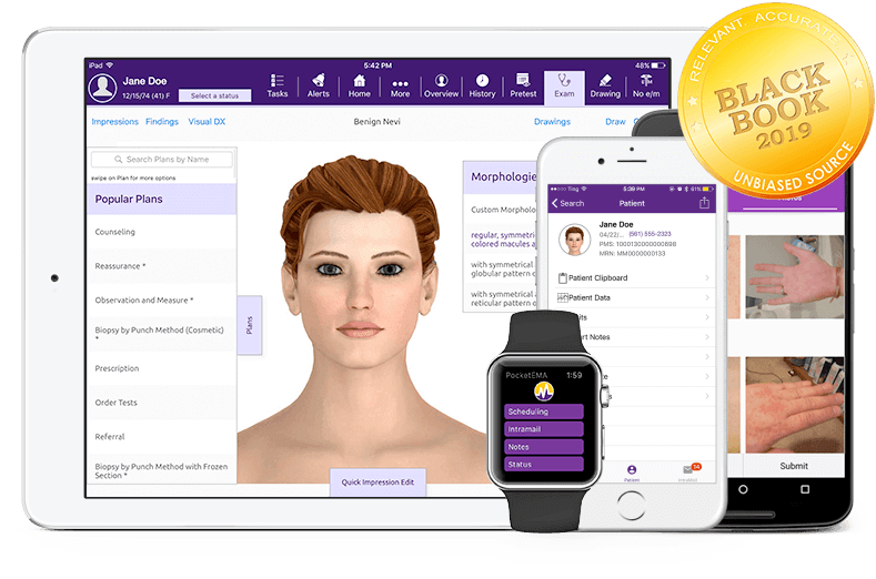 modmed Dermatology software suite on iPad, iPhone, Android phone, and Apple Watch with Black Book seal modmed Dermatology software suite on iPad, iPhone, Android phone, and Apple Watch with Black Book seal
