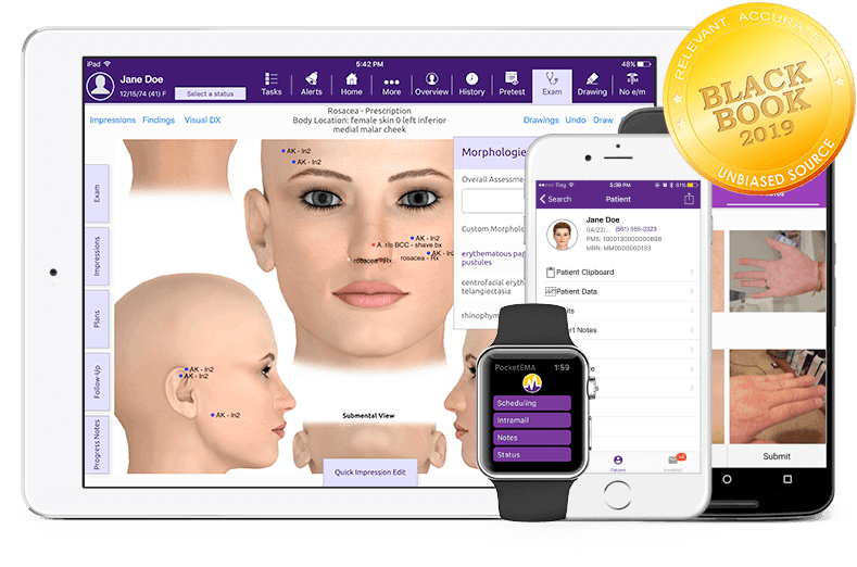 modmed Dermatology software suite on iPad, iPhone, Android phone, and Apple Watch with Black Book seal modmed Dermatology software suite on iPad, iPhone, Android phone, and Apple Watch with Black Book seal