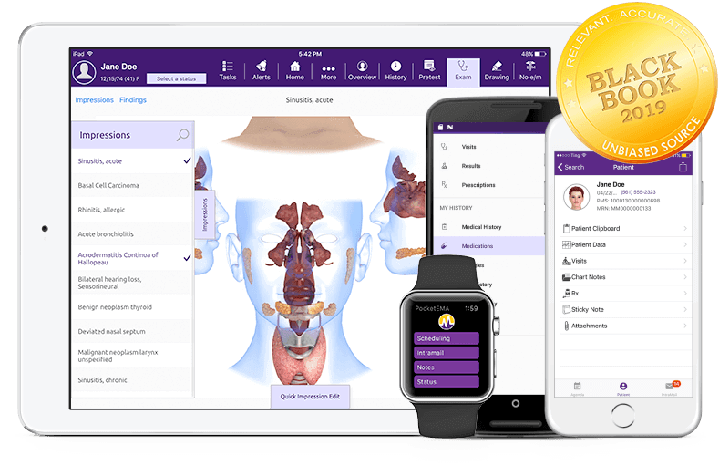 modmed Otolaryngology software suite on iPad, iPhone, Android phone, and Apple Watch with Black Book seal modmed Otolaryngology software suite on iPad, iPhone, Android phone, and Apple Watch with Black Book seal