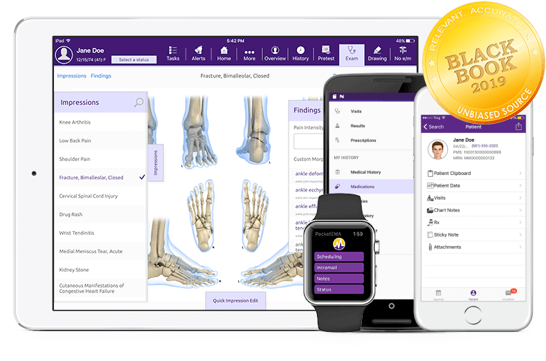 modmed Orthopedics software suite on iPad, iPhone, Android phone, and Apple Watch with Black Book seal modmed Orthopedics software suite on iPad, iPhone, Android phone, and Apple Watch with Black Book seal