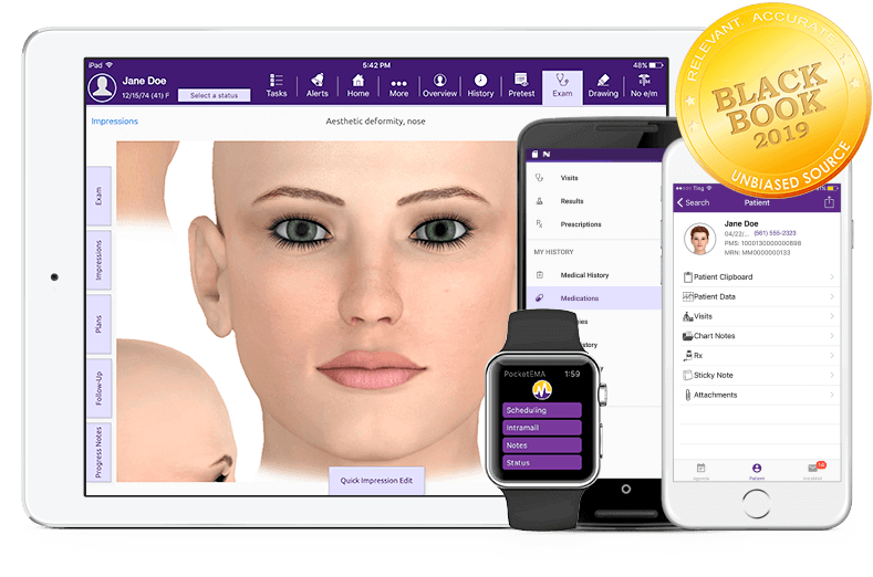 modmed Plastic Surgerysoftware suite on iPad, iPhone, Android phone, and Apple Watch with Black Book seal modmed Plastic Surgerysoftware suite on iPad, iPhone, Android phone, and Apple Watch with Black Book seal