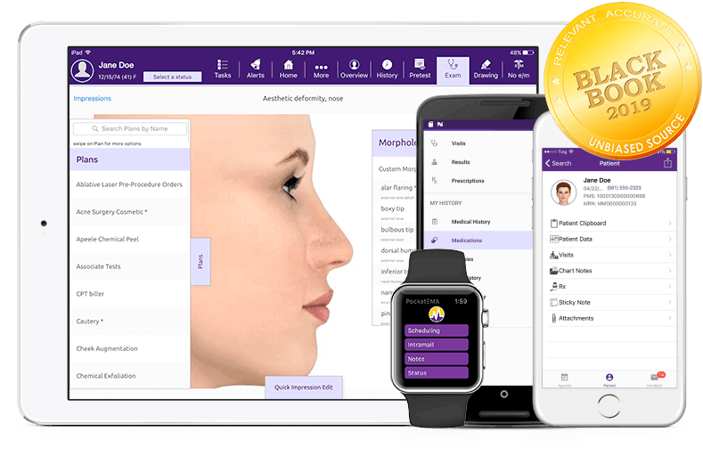 modmed Plastic Surgery software suite on iPad, iPhone, Android phone, and Apple Watch with Black Book seal modmed Plastic Surgery software suite on iPad, iPhone, Android phone, and Apple Watch with Black Book seal