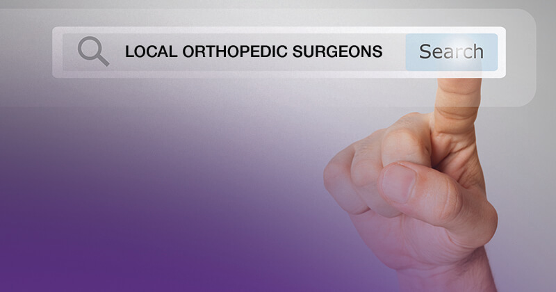 new online search for local orthopedic surgeons with a finger pointing at the search bar and purple background 2