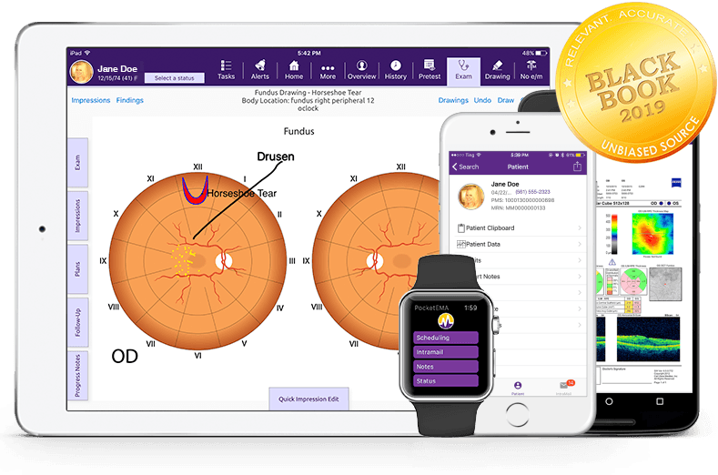 modmed Ophthalmology software suite on iPad, iPhone, Android phone, and Apple Watch with Black Book seal modmed Ophthalmology software suite on iPad, iPhone, Android phone, and Apple Watch with Black Book seal