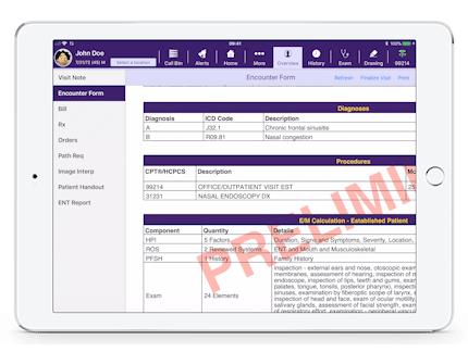 EMA encounter form populated with ICD-10 and CPT codes and modifiers