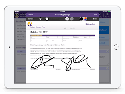 electronically signing a patient consent form for direct laryngoscopy, bronchoscopy and airway dilation in EMA on iPad