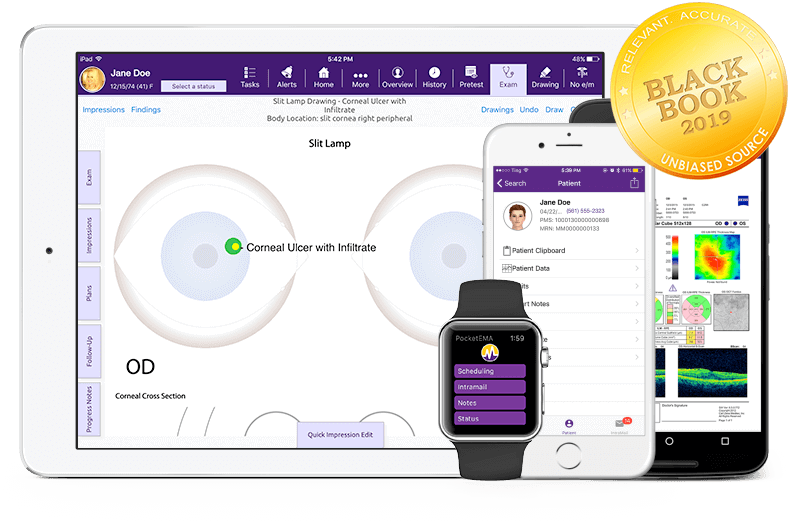 modmed Ophthalmology software suite on iPad, iPhone, Android phone, and Apple Watch with Black Book seal modmed ophthalmology EMR and software suite for iPad, iPhone, Android phone and Apple Watch with 2019 Black Book seal