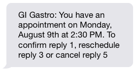 text message confirming gastroenterology appointment