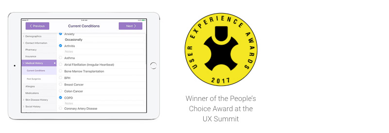 iPad with kiosk and Winner of the People’s Choice Award at the UX Summit logo