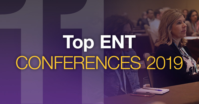 image of people attending an ent conferences with purple overlay with text